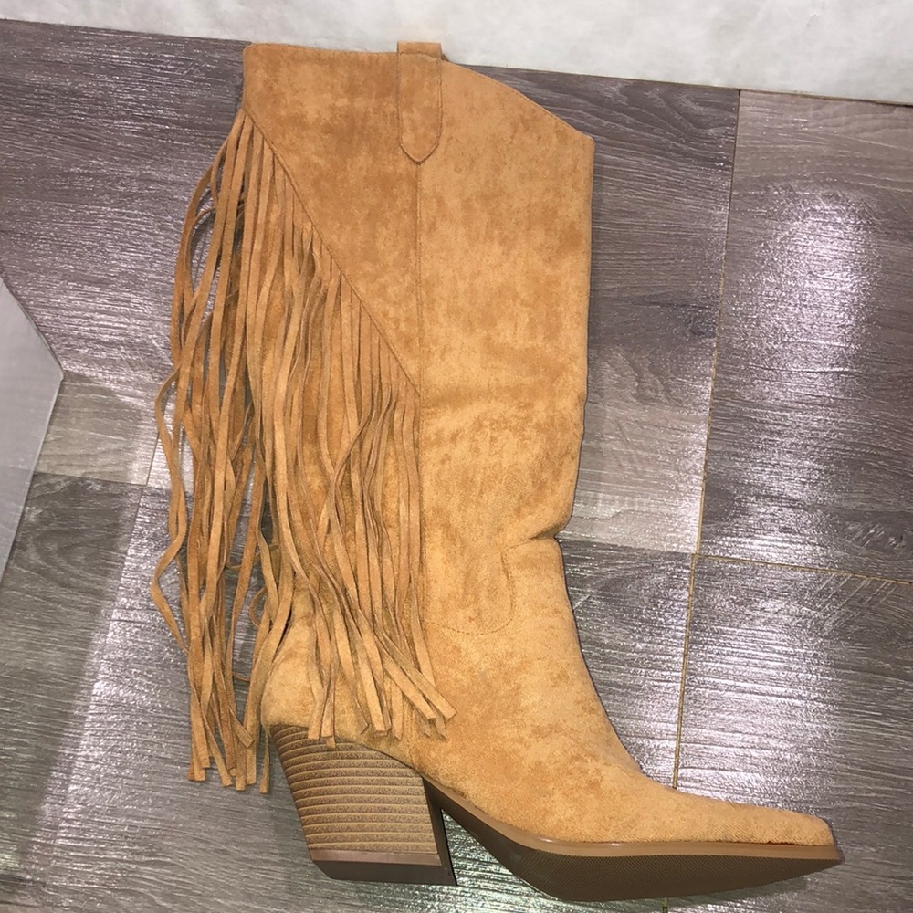 Marquiiz Tan Western Cowgirl Heeled Fringe Boots with Stacked Heel New US 10